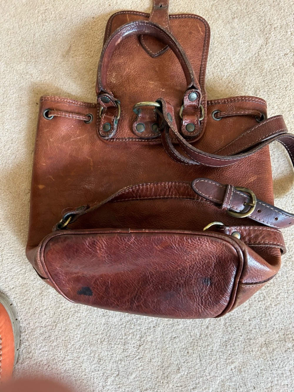 Classic Brown Leather Drawstring Backpack Rugged Boho - Picture 2 of 5